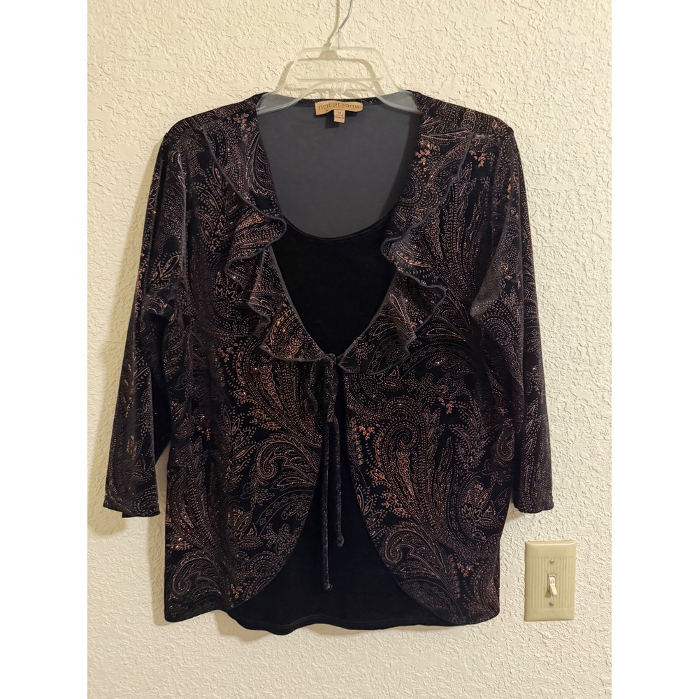 Notations Woman Plus 1X Black Velvet Copper Paisley Ruffle Cardigan Tank Set